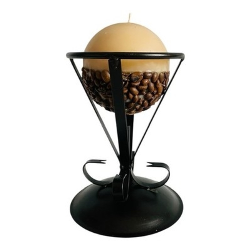 Coffee Bean Vanilla Scented Candle Black Metal Stand Holder Home Decor 7.5"